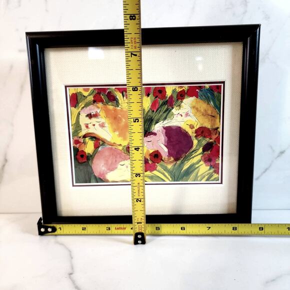 Sleepy Kitties Artwork - 8.75 Framed Pencil Drawing Watercolor of Cats in Garden - Picture 5 of 5